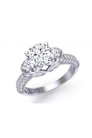  3-row diamond micro-pavé vintage  3-stone 3.2mm engagement ring 1307B 