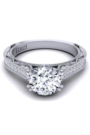  Tapered pavé set milgrain vintage style diamond solitaire ring with side diamonds WIST-1529-SA 