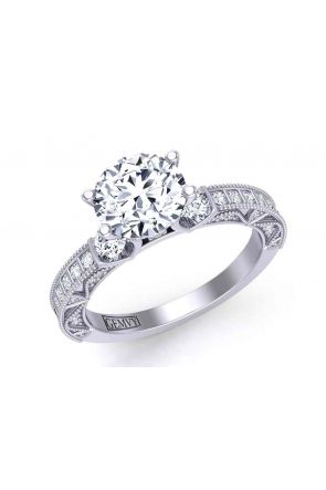 Art Deco Milgrain side diamond vintage style 3-stone  2.6mm engagement ring 1510T-C-White gold color White gold