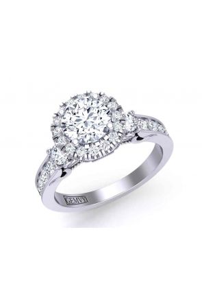 Art Deco Antique Style channel  pavé 3-stone 1-carat halo 2.7mm engagement ring 1538D-3D-White gold color White gold