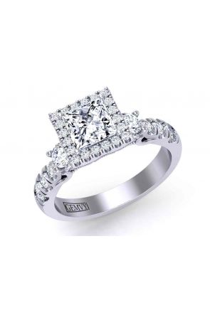 Art Deco Princess-cut 3-stone vintage style halo gold 3mm engagement ring 1538M-3M-White gold color White gold