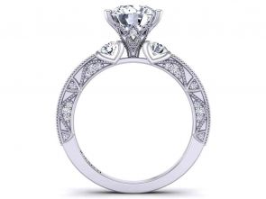 Art Deco Milgrain side diamond vintage style 3-stone  2.6mm engagement ring 1510T-C 