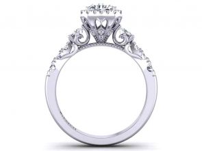 Art Deco Emerald Vintage style filigree 3-stone round halo 3mm engagement ring 1538K-3K 