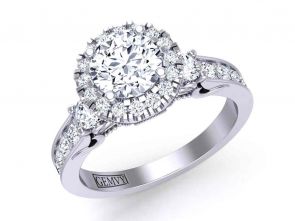 Art Deco Antique Style channel  pavé 3-stone 1-carat halo 2.7mm engagement ring 1538D-3D 