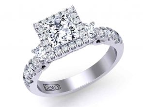 Art Deco Princess-cut 3-stone vintage style halo gold 3mm engagement ring 1538M-3M 