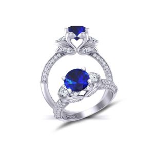  Vintage  inspired 3-stone sapphire diamond sapphire engagement ring SPH-1307B 