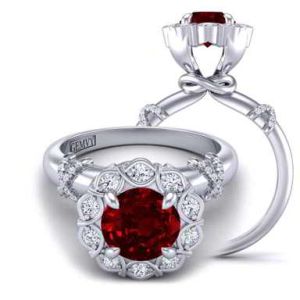  Victorian Inspired flower halo diamond and ruby  engagement ring RBY-1309FL-C 