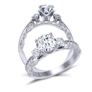  Vintage style Milgrain band round 3-stone artistic moissanite diamond ring  MSNT-1509-3B color 14K White Gold