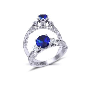  Vintage style Milgrain band round 3-stone artistic sapphire diamond ring  SPH-1509-3B 
