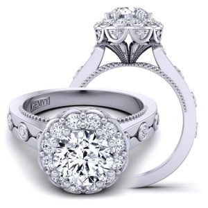  Moissanite and Diamond Art Deco style halo moissanite engagement ring  MSNT-1517FCV-CV color 14K White Gold
