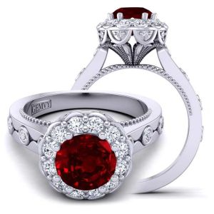  Flower inspired Art Deco style halo ruby engagement ring RBY-1517FCV-CV 