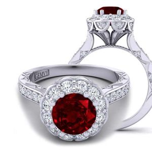  Edwardian Style cathedral flower halo ruby engagement ring RBY-1517FL-G 