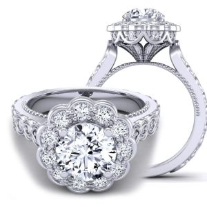  One-Of-A-Kind filigree band flower cathedral diamond and moissanite  engagement ring  MSNT-1517FL-R color 14K White Gold