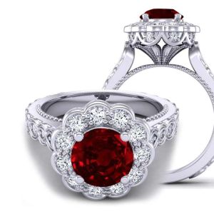  One-Of-A-Kind filigree band flower cathedral diamond and ruby  engagement ring RBY-1517FL-R 