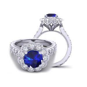  One-Of-A-Kind filigree band flower cathedral diamond and sapphire  engagement ring  SPH-1517FL-R 