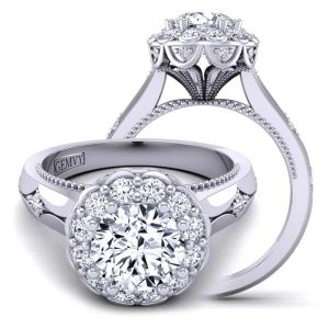  Elegant Art Deco Diamond Halo moissanite engagement ring  MSNT-1517FLD-DV color 14K White Gold