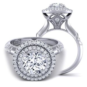  Art Deco style cathedral halo flower inspired double halo moissanite engagement ring  MSNT-1519FL-A color 14K White Gold