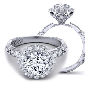  Flower shaped halo moissanite engagement ring with unique band  MSNT-1519FL-B color 14K White Gold