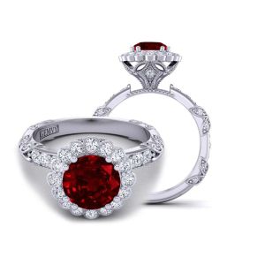  Flower shaped halo ruby engagement ring with unique band RBY-1519FL-B 