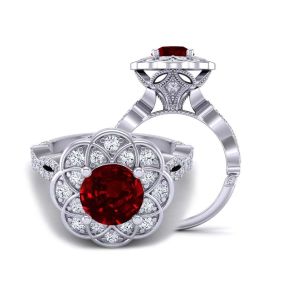  Victorian inspired flower halo Infinty diamond and ruby  engagement ring RBY-1519FL-C 