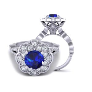  Victorian inspired flower halo infinity diamond and sapphire  engagement ring  SPH-1519FL-C 
