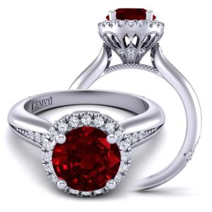  Elegant Cathedral-Style Diamond & ruby Ring: Art Deco Floral Halo RBY-1538-HFL-RD 