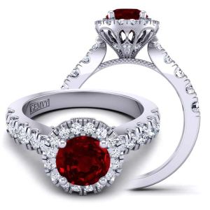  Cathedral-Style Art Deco ruby Ring with Bold Pave Band, Floral Halo & Milgrain RBY-1538-HM-RND 