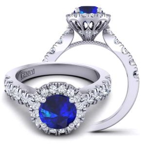  Cathedral-Style Art Deco sapphire Ring with Bold Pave Band, Floral Halo & Milgrain  SPH-1538-HM-RND 