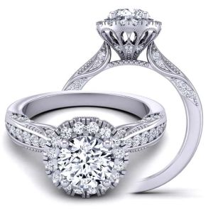  Art Deco-inspired  moissanite & diamond Floral Halo & filigree  Ring MSNT-1538-HVN-RD color 14K White Gold