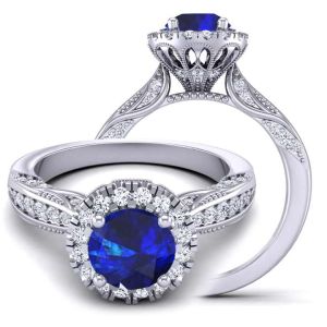  Art Deco-inspired  sapphire & diamond Floral Halo & filigree  Ring SPH-1538-HVN-RD 
