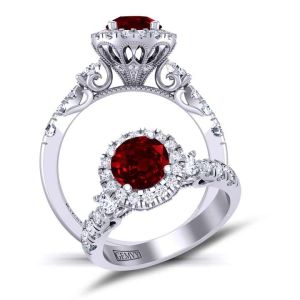  Art Deco filigree Three-stone halo diamond ruby engagement ring RBY-1538B-3B 