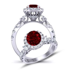  Art Deco inspired Three-stone ruby halo engagement ring RBY-1538C-3C 