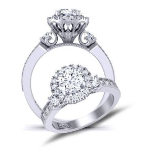  3-stone vintage halo moissanite engagement ring  with milgrain MSNT-1538F-3F color 14K White Gold