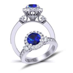  3-stone vintage halo sapphire engagement ring  with milgrain SPH-1538F-3F 