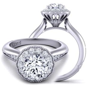 Art Deco Vintage Inspired Diamond moissanite Ring with a Floral Halo  MSNT-1538fl-B color 14K White Gold