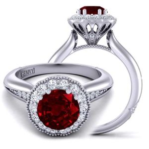  Art Deco Vintage Inspired Diamond ruby Ring with a Floral Halo RBY-1538fl-B 