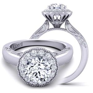  Vintage-Inspired Filigree and Flower Halo moissanite engagement ring MSNT-1538FL-C color 14K White Gold