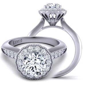  Elegant Art Deco Inspired diamond Ring with Floral halo & milgrain  MSNT-1538FL-D color 14K White Gold