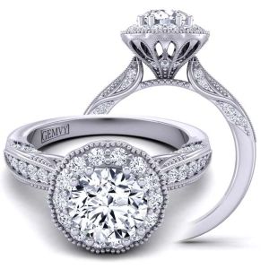  Art Deco moissanite & Diamond Ring with Floral Halo filigree & Milgrain Accents MSNT-1538FL-E color 14K White Gold