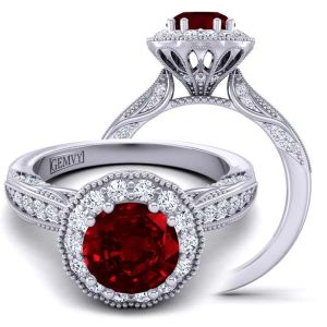  Art Deco ruby & Diamond Ring with Floral Halo filigree & Milgrain AccentsRBY-1538FL-E 