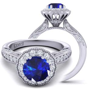  Art Deco sapphire & Diamond Ring with Floral Halo filigree & Milgrain Accents SPH-1538FL-E 