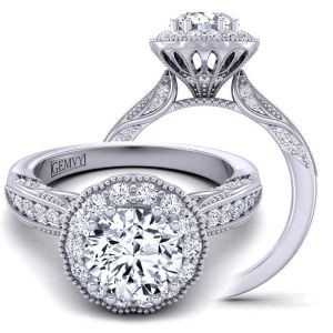  Art Deco Diamond Ring with Floral Halo, filigree & Milgrain Accents 1538FL-E 