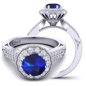  Art Deco-Inspired Diamond & sapphire engagement ring with Floral Halo SPH-1538FLV-B 