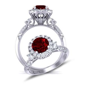  Art deco filigree antique style Three-stone halo ruby engagement ringRBY-1538G-3G 