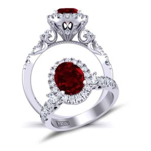  Oval Art Deco filigree Three-stone round halo ruby engagement ring RBY-1538J-3J 