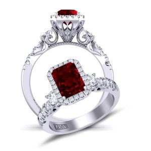  Emerald Vintage style filigree 3-stone round halo 3mm ruby engagement ring RBY-1538K-3K 