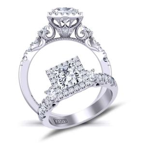  Princess-cut 3-stone vintage style halo gold 3mm moissanite engagement ring  MSNT-1538M-3M color 14K White Gold