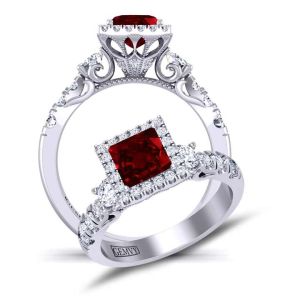  Princess-cut 3-stone vintage style halo gold 3mm ruby engagement ring RBY-1538M-3M 
