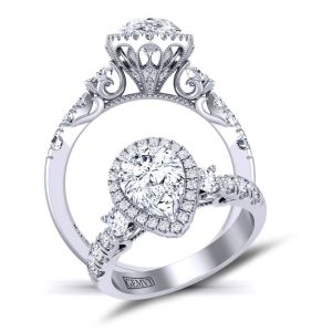  Pear-cut Three-stone Antique style halo gold 3mm moissanite engagement ring MSNT-1538N-3N color 14K White Gold