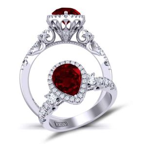  Pear-cut Three-stone Antique style halo gold 3mm ruby engagement ringRBY-1538N-3N 